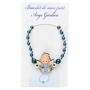 Bracelet sur élastique pour enfant, grains nacrés Ø 4 mm, avec médaille ange bois.