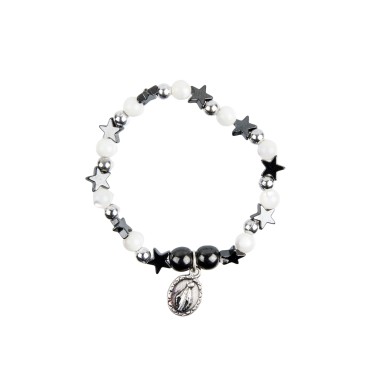 Bracelet sur élastique pour enfant avec grains en hématite forme Etoile et grains nacre Ø 6 mm, médaille V. Miraculeuse