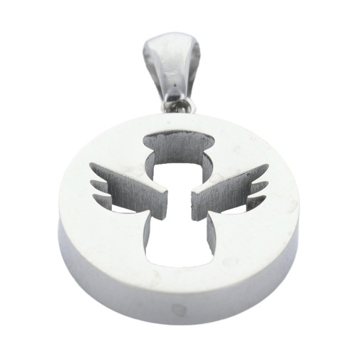 Pendentif ange couleur argentée en acier inoxydable H. 2 cm.