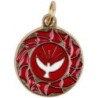 Médaille métal couleur dorée de l´Esprit Saint Ø 2 cm émaillée rouge et colombe blanche.