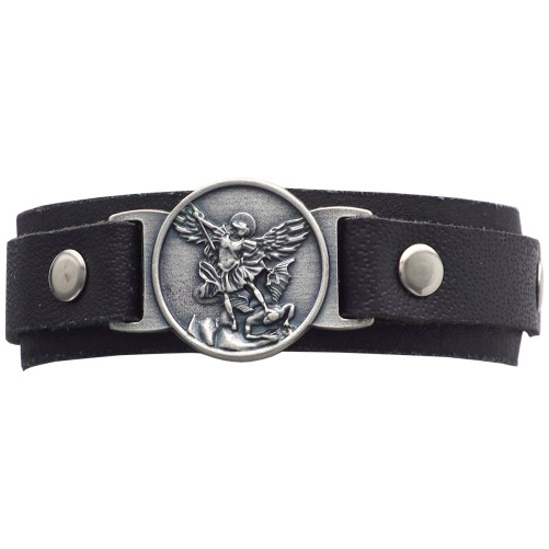 Bracelet en cuir noir pour homme, ajustable, avec médaille de saint Michel en argent vieilli. Longueur : 22 cm.