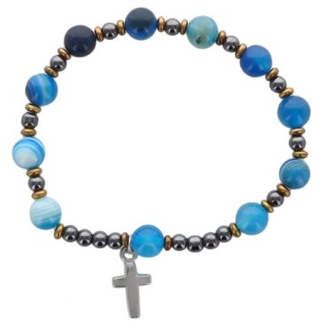 Bracelet dizainier élastique en pierre véritable avec insert en hématite Ø 8 mm, croix incluse. Plusieurs pierres disponibles..