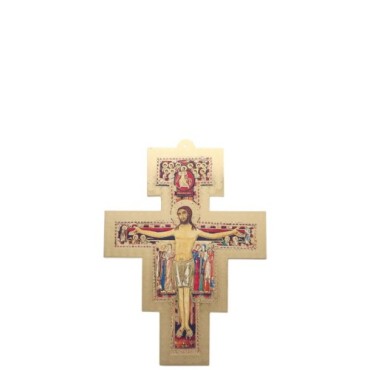 Croix de saint François en bois avec image collée de couleur doré. Différentes tailles.