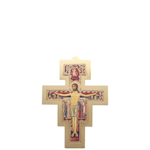 Croix de saint François en bois avec image collée de couleur doré. Différentes tailles.
