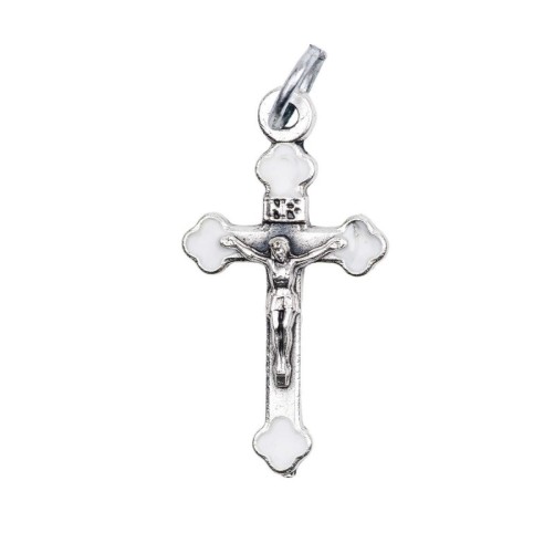 Croix de cou baroque en métal couleur argentée émaillé avec Christ H. 2,5 cm.
