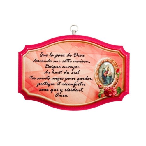 Plaque de porte en bois avec bénediction de la maison H. 10,5 x 15,5 cm avec résine, plusieurs saints.