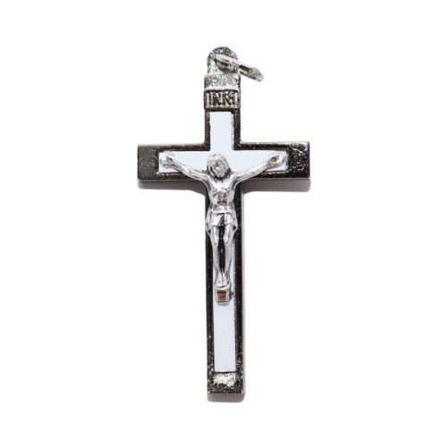 Croix de cou en métal couleur argentée emmaillé avec Christ H. 4.5 cm. Plusieurs couleurs..