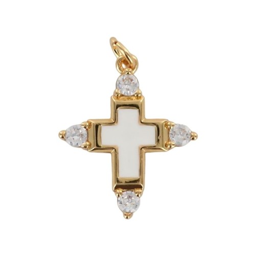 Croix de cou avec centre emaille, doree superieur avec pierres OZ cubique, hauteur 2 cm. Plusieurs couleurs.