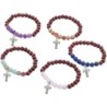 Bracelet sur élastique grains bois fonce et pierres mates naturelles Ø 8 mm. LOT DE 5 ASSORTIS