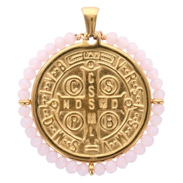 Médaille de Saint Benoit en acier inoxydable doré supérieur avec grains en verre de différentes couleurs, Ø 3 cm.