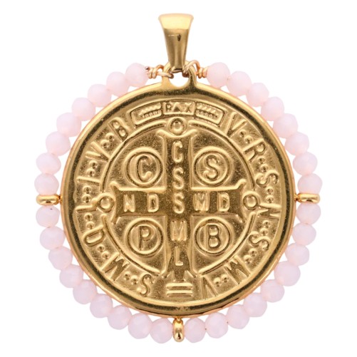 Médaille de Saint Benoit en acier inoxydable doré supérieur avec grains en verre de différentes couleurs, Ø 3 cm.