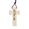 Croix de cou en bois de couleur naturelle avec PAX imprimé H. 3,5 cm avec cordon 70 cm.