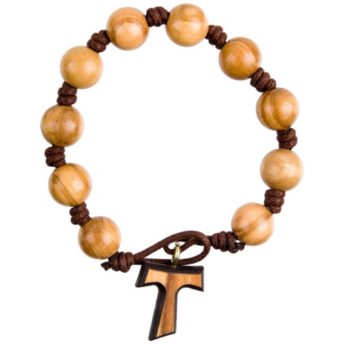 Bracelet dizainier sur corde grains ronds en bois d'olivier, Ø 1 cm, croix de Tau..