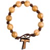 Bracelet dizainier sur corde grains ronds en bois d'olivier, Ø 1 cm, croix de Tau..