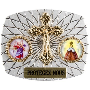 Plaque auto rectangle H. 3,5 x 4 cm arrondie en alu striée avec croix plus 2 résines, plusieurs saints.