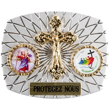 Plaque auto rectangle H. 3,5 x 4 cm arrondie en alu striée avec croix plus 2 résines, plusieurs saints.