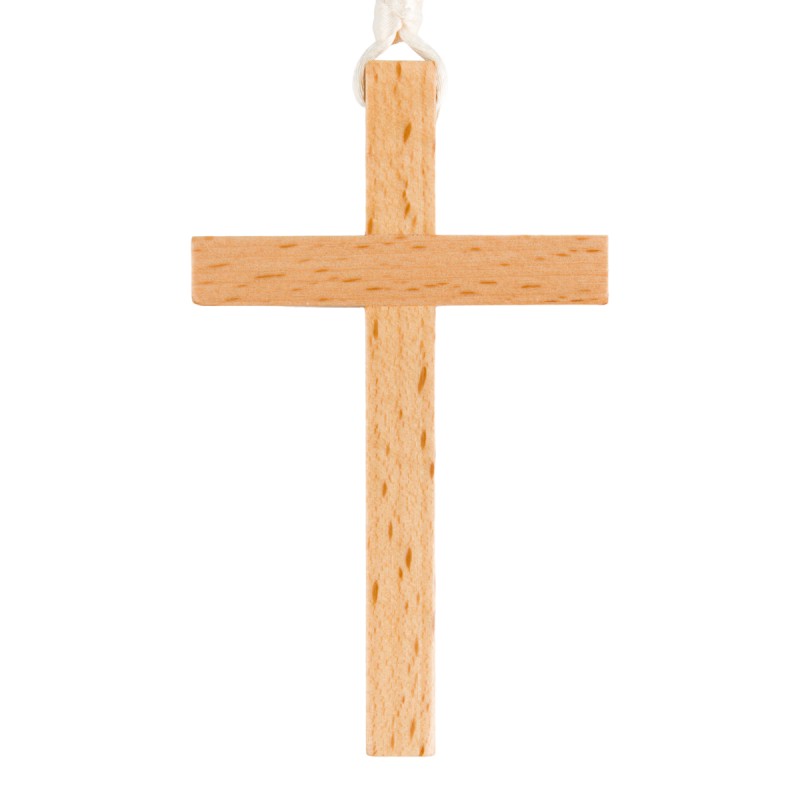 Croix d'aube en bois clair vernis 9 cm avec cordon blanc 60 cm..