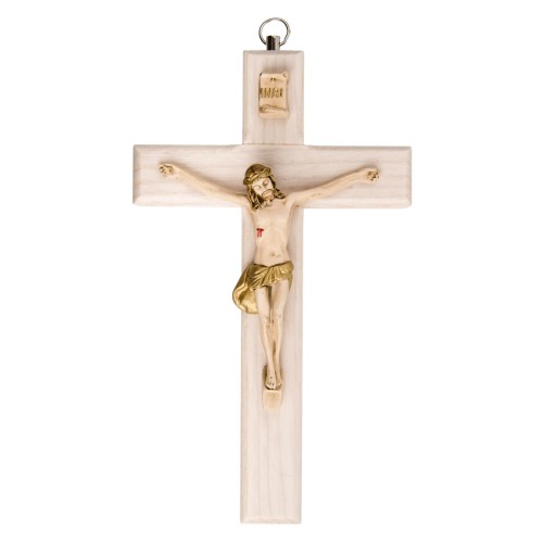 Crucifix en bois clair avec Christ en résine style bois, style bois..