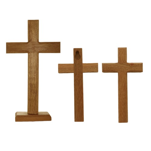 Crucifix sans Christ, en bois, à poser ou à suspendre, avec socle amovible. Différentes tailles.