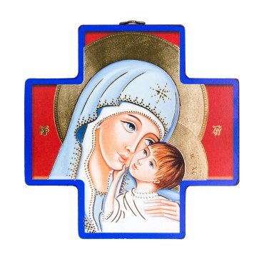 Croix icône lithographiée 12 x 12 cm, Vierge à l’Enfant.