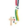 Chapelet des Missions (5 continents) sur corde, grains en bois 7 mm, croix avec Christ imprimé, 18 cm au cœur.